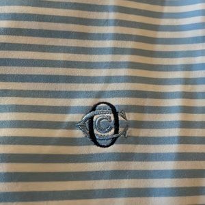 Blue and white striped polo golf shirt